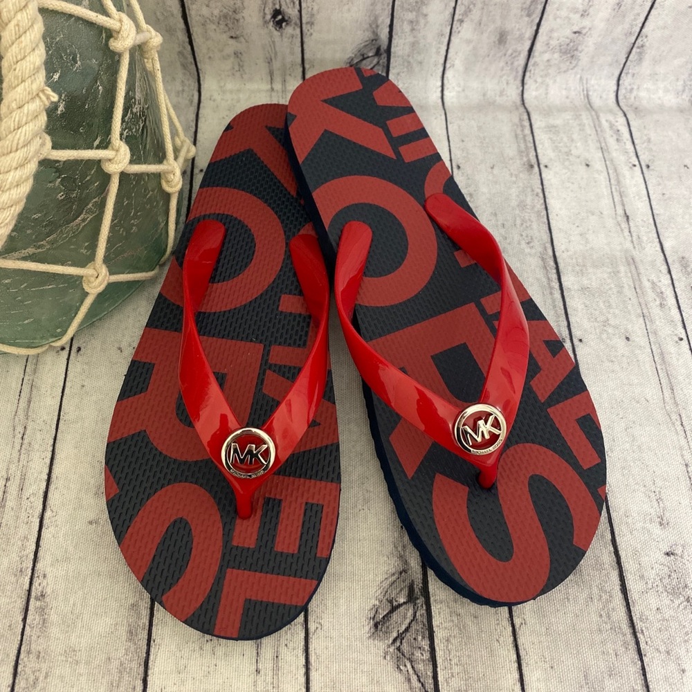 NEW! MICHAEL KORS WOMENS NAVY AND RED FLIP FLOPS MK LOGO
